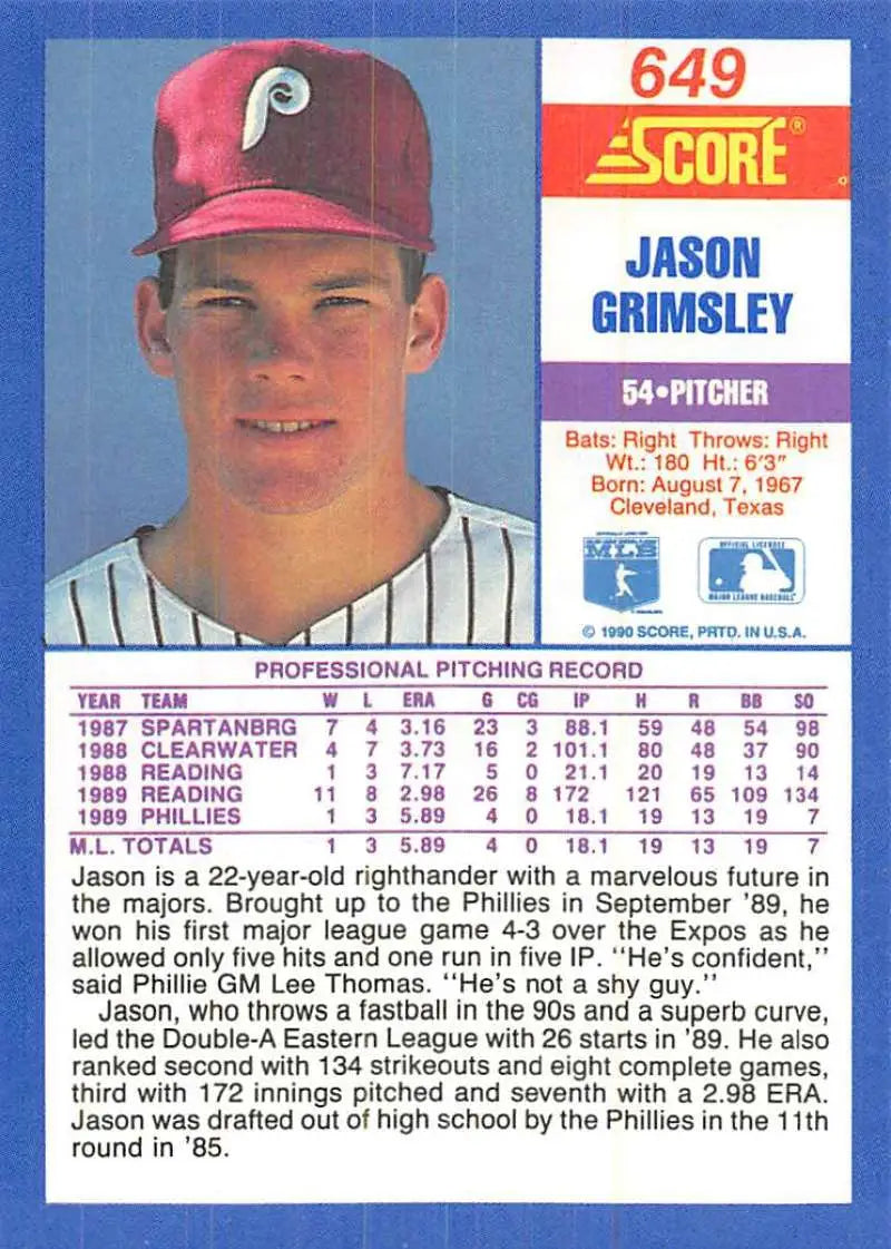 1990 Score #649 Jason Grimsley EX Excellent RC Rookie Philadelphia Phillies Baseball Card - Baseball Card Single