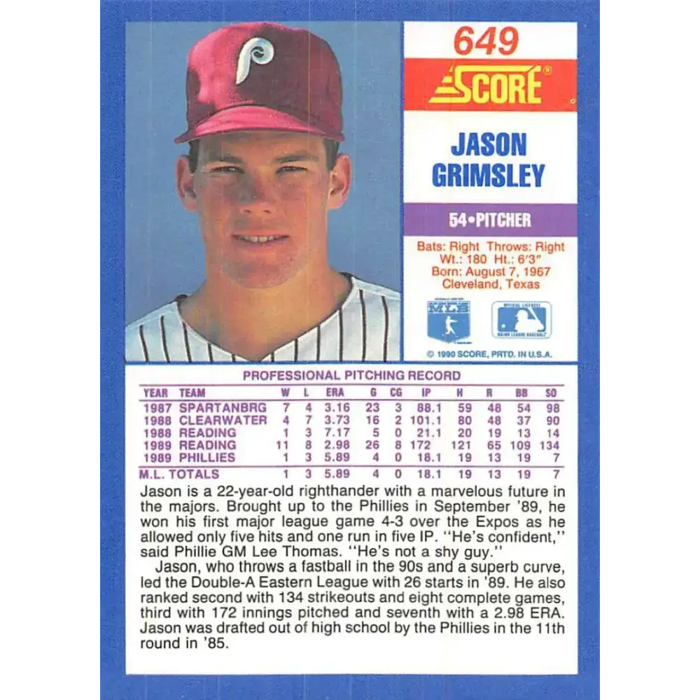 1990 Score #649 Jason Grimsley NM-MT RC Rookie Philadelphia Phillies Baseball Card - Baseball Card Single