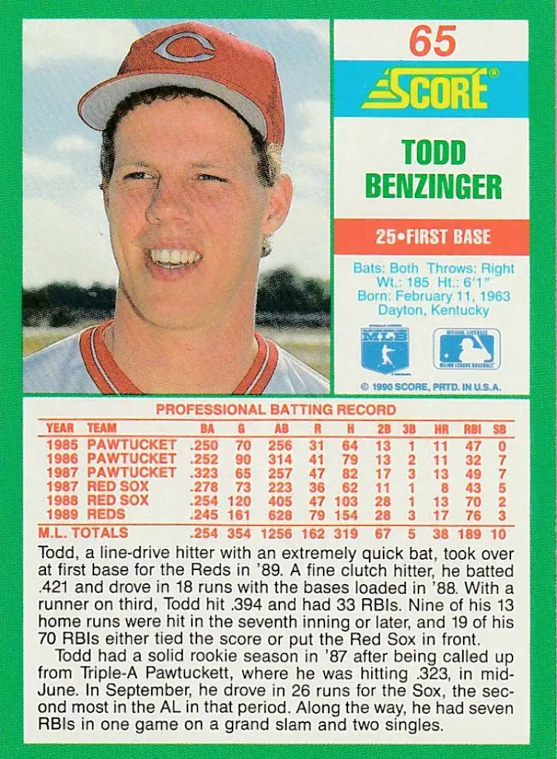 1990 Score #65 Todd Benzinger EX Excellent Cincinnati Reds Baseball Card - Baseball Card Single