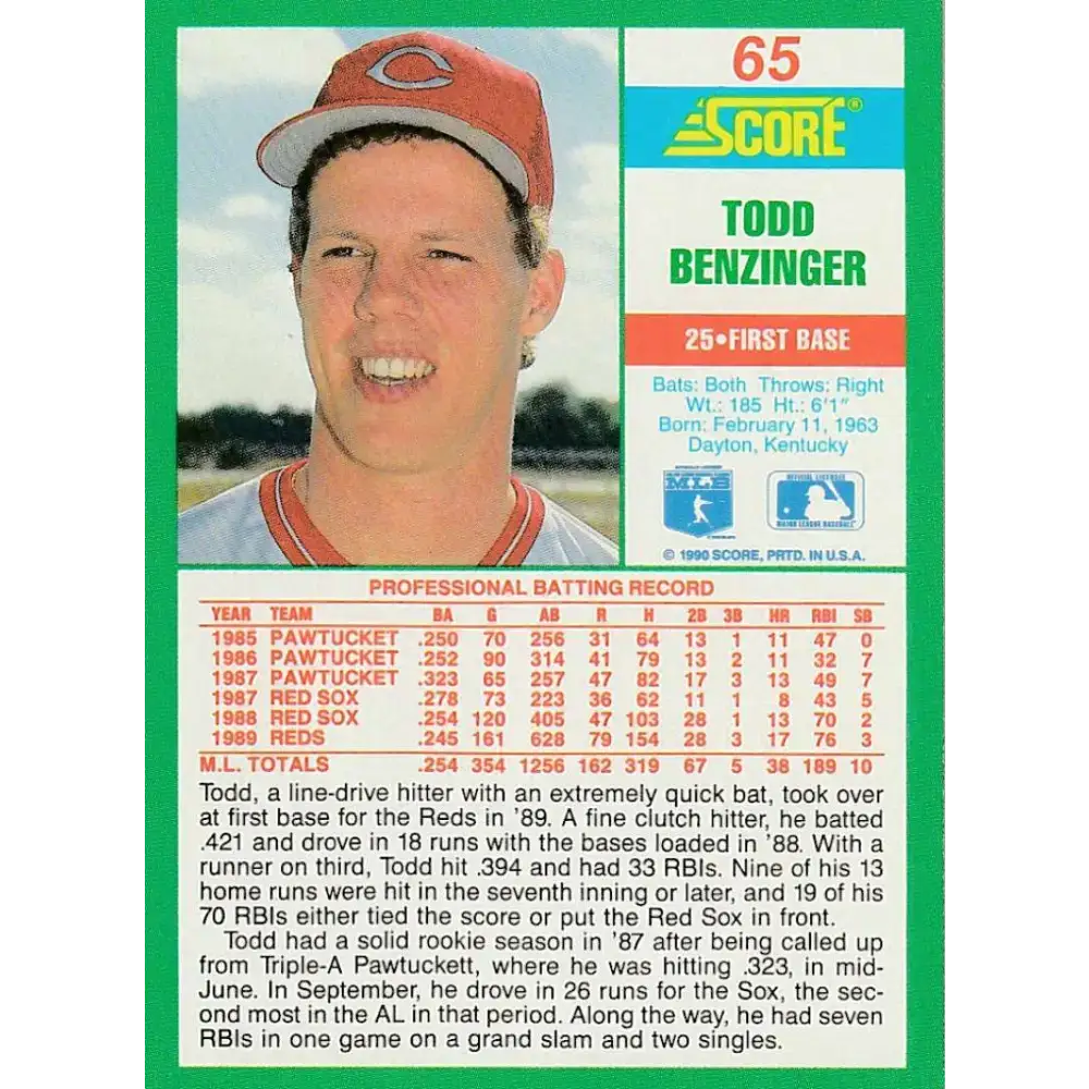 1990 Score #65 Todd Benzinger NM-MT Cincinnati Reds Baseball Card - Baseball Card Single