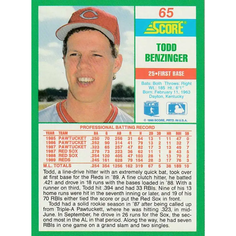 1990 Score #65 Todd Benzinger NM-MT Cincinnati Reds Baseball Card - Baseball Card Single