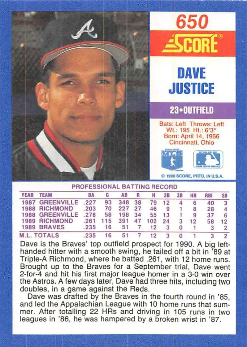 1990 Score #650 David Justice EX Excellent RC Rookie Atlanta Braves Baseball Card - Baseball Card Single