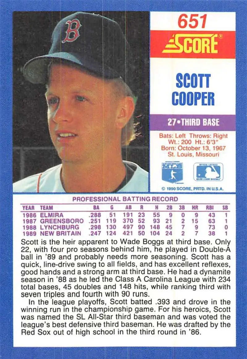 1990 Score #651 Scott Cooper EX Excellent RC Rookie Boston Red Sox Baseball Card - Baseball Card Single