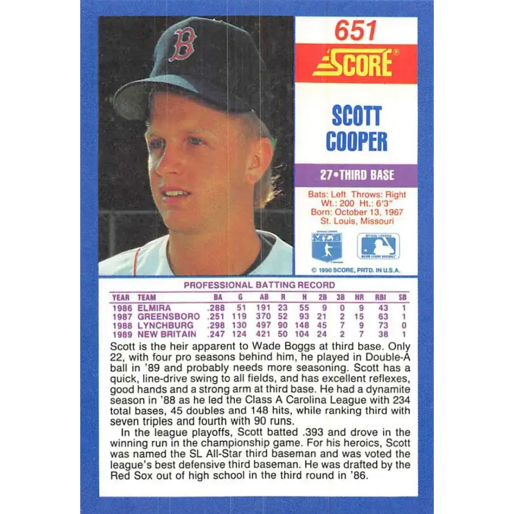 1990 Score #651 Scott Cooper NM-MT RC Rookie Boston Red Sox Baseball Card - Baseball Card Single
