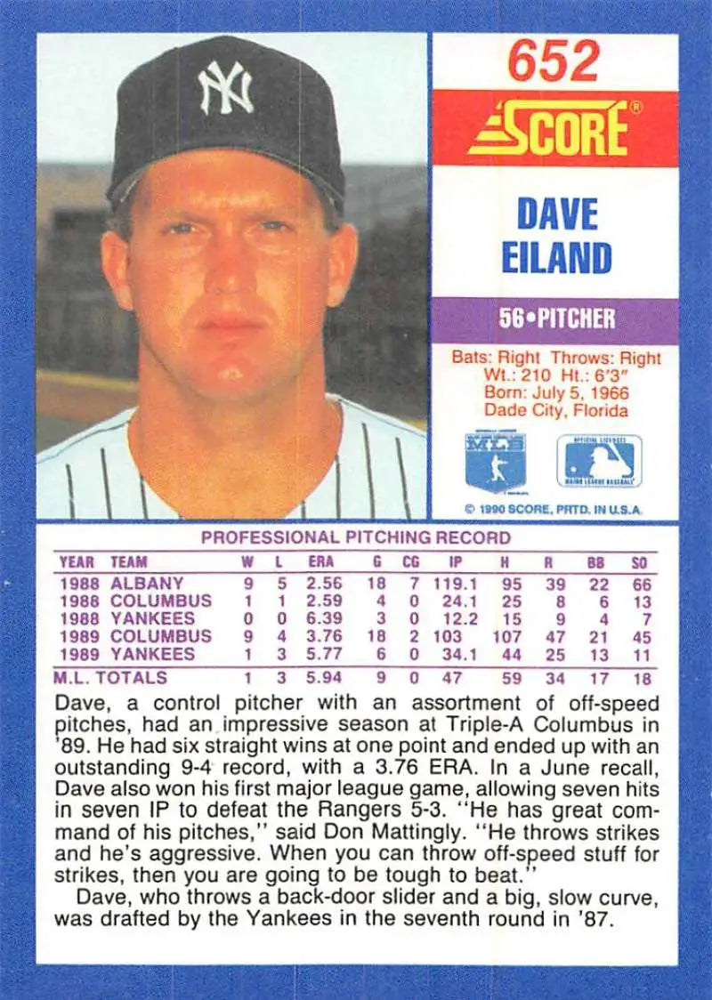 1990 Score #652 Dave Eiland EX Excellent New York Yankees Baseball Card - Baseball Card Single