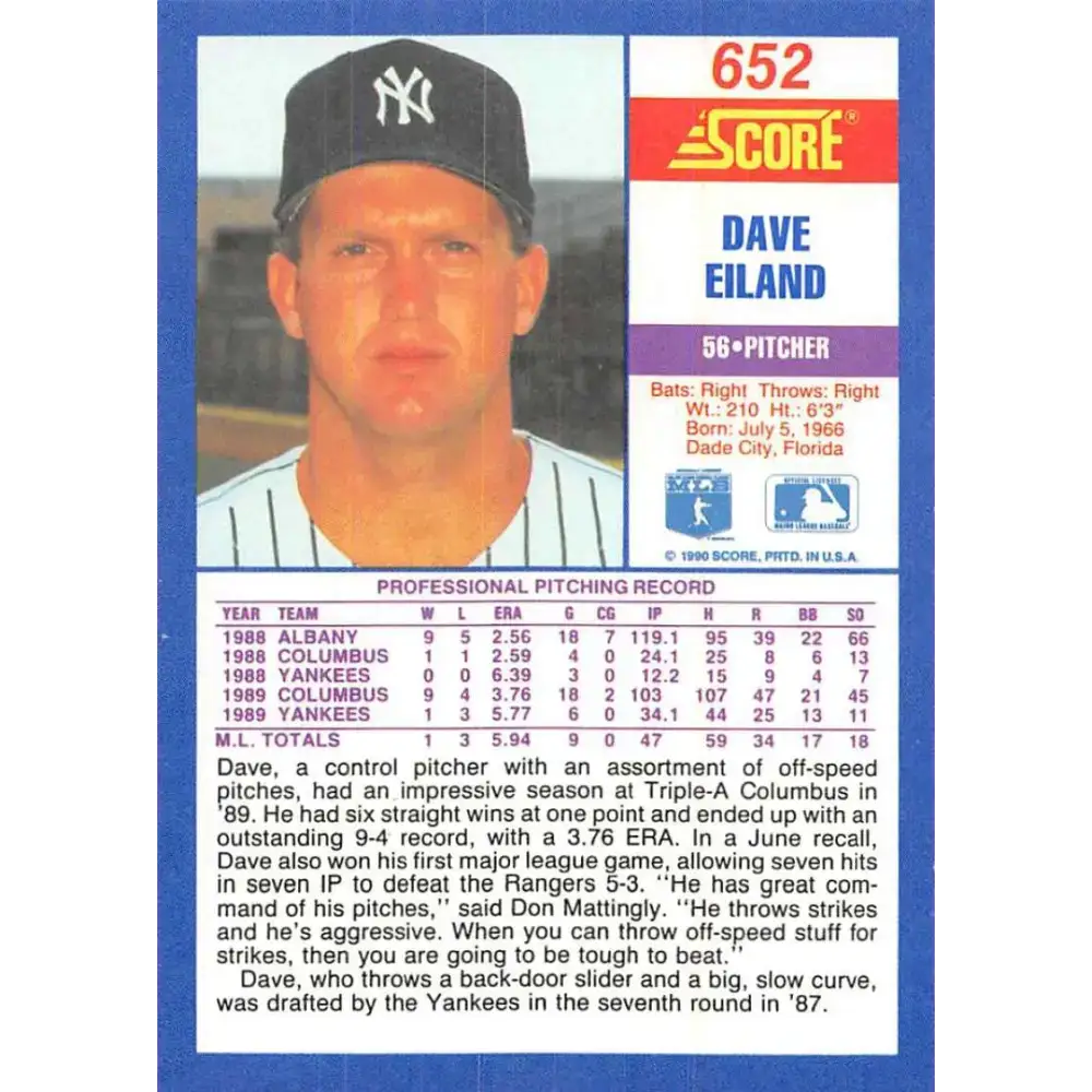 1990 Score #652 Dave Eiland NM-MT New York Yankees Baseball Card - Baseball Card Single