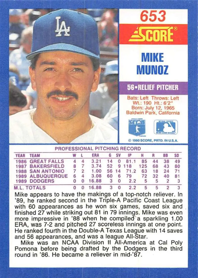 1990 Score #653 Mike Munoz EX Excellent RC Rookie Los Angeles Dodgers Baseball Card - Baseball Card Single