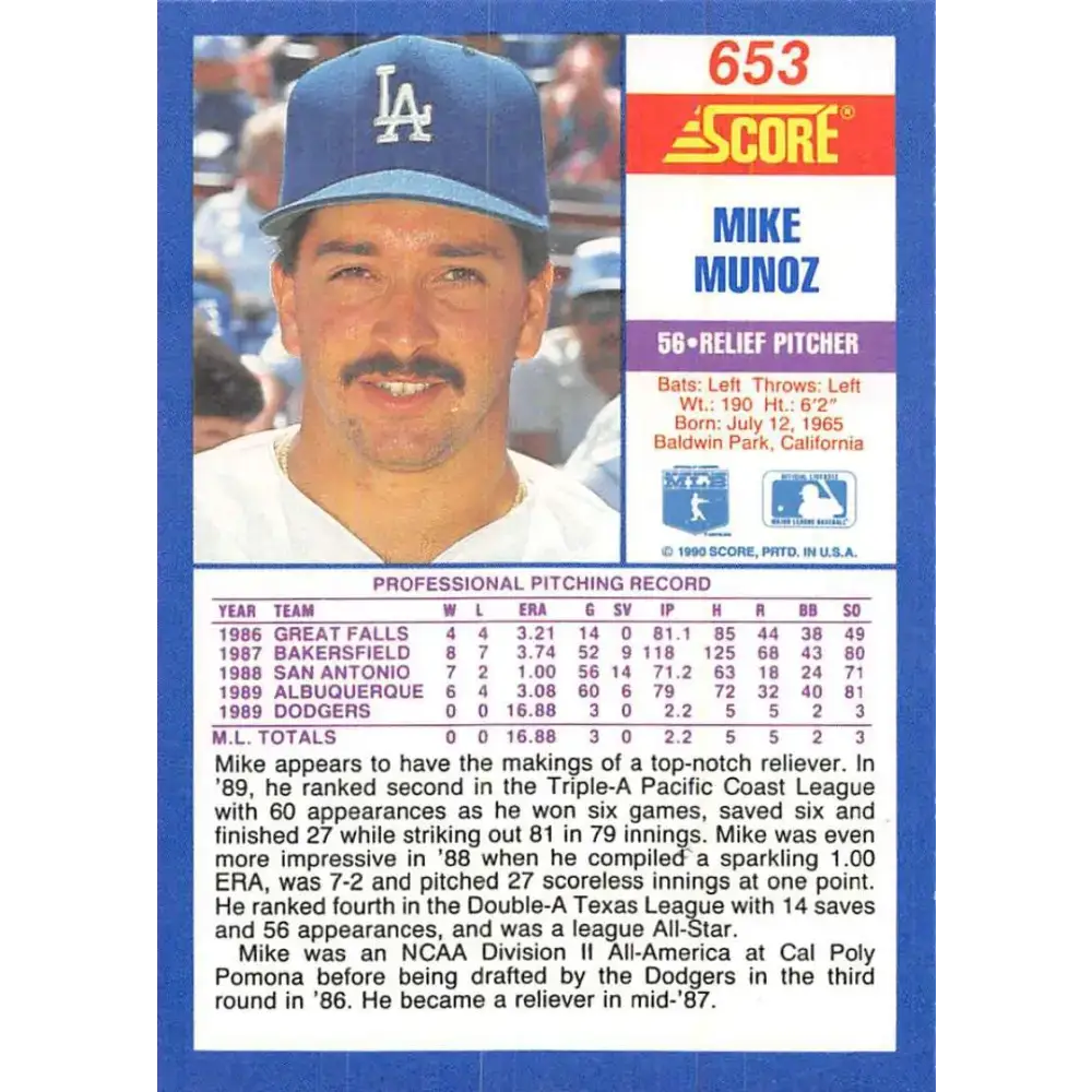 1990 Score #653 Mike Munoz NM-MT RC Rookie Los Angeles Dodgers Baseball Card - Baseball Card Single