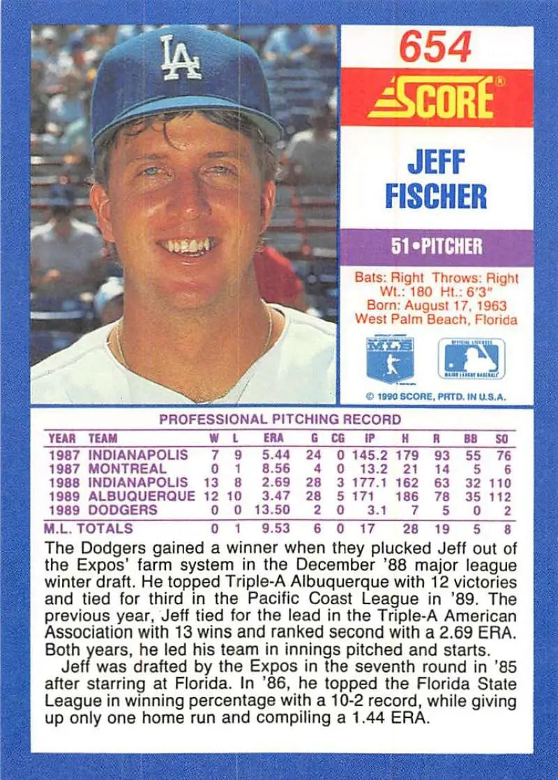 1990 Score #654 Jeff Fischer EX Excellent RC Rookie Los Angeles Dodgers Baseball Card - Baseball Card Single