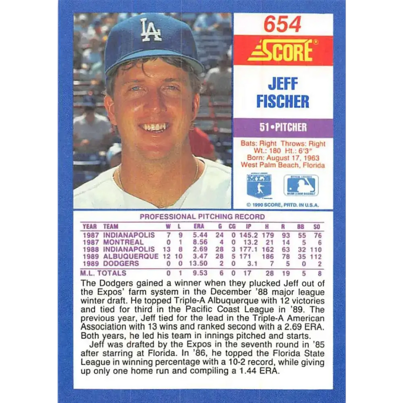 1990 Score #654 Jeff Fischer NM-MT RC Rookie Los Angeles Dodgers Baseball Card - Baseball Card Single