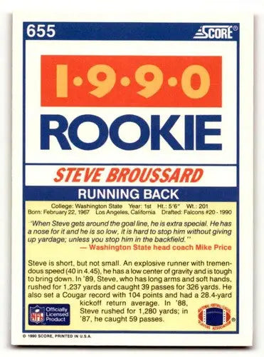 Original gloss 1990 Score Steve Broussard Atlanta Falcons rookie football card