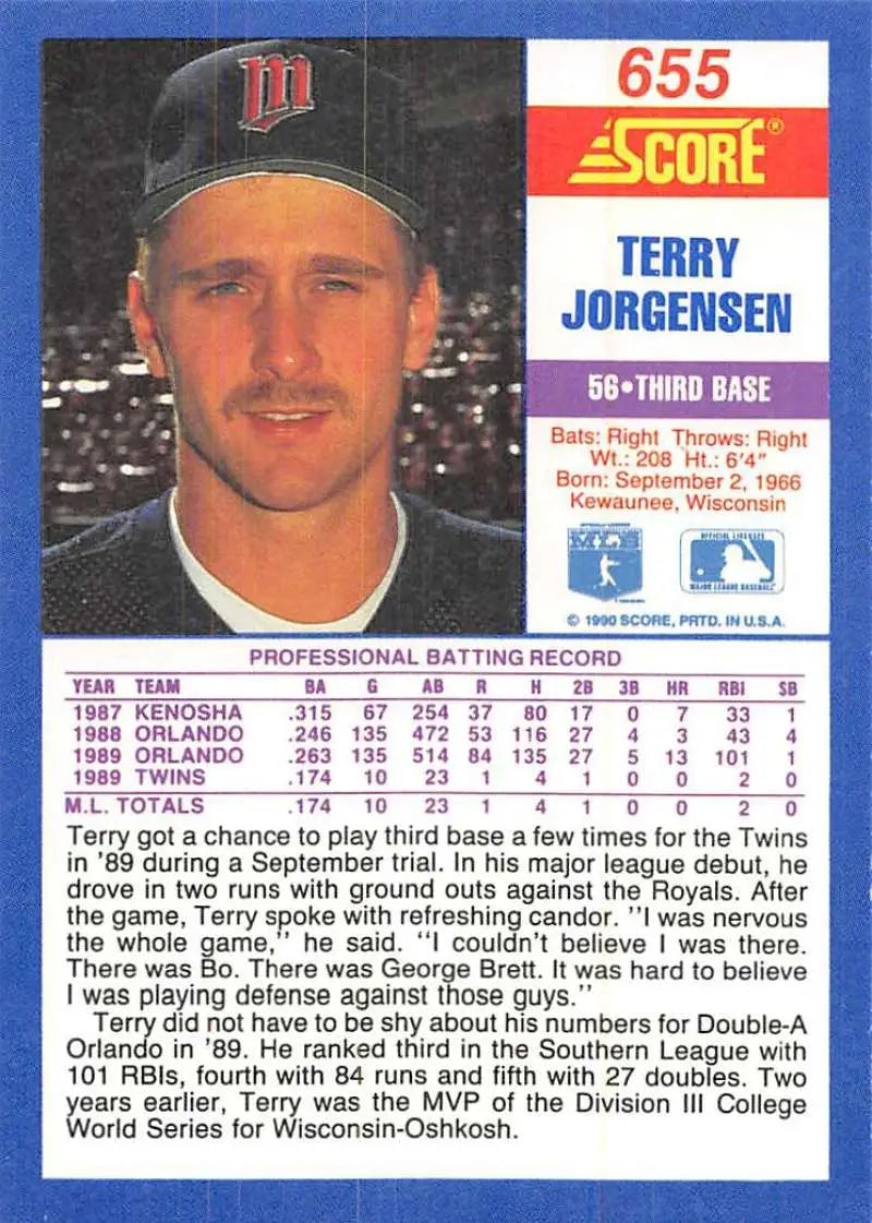1990 Score #655 Terry Jorgensen EX Excellent RC Rookie Minnesota Twins Baseball Card - Baseball Card Single
