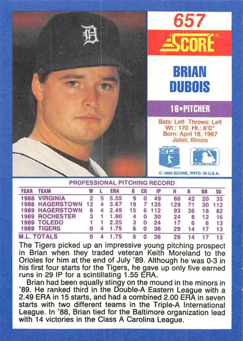 1990 Score #657 Brian DuBois EX Excellent RC Rookie Detroit Tigers Baseball Card - Baseball Card Single