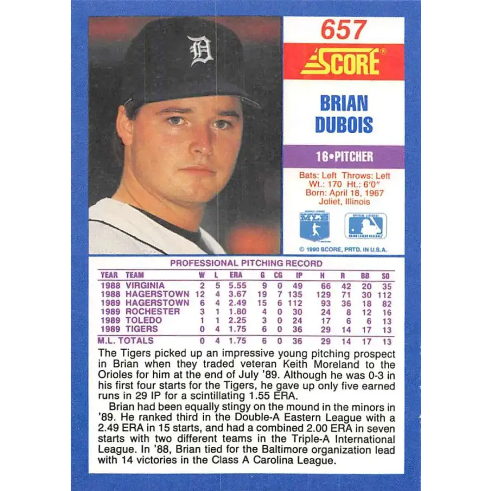 1990 Score #657 Brian DuBois UER NM-MT RC Rookie Detroit Tigers Baseball Card - Baseball Card Single