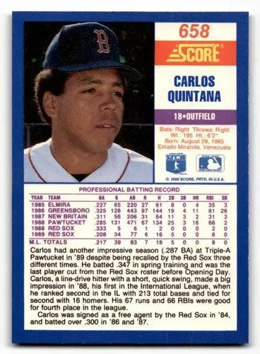 Original gloss baseball card of Carlos Quintana from 1990 Score #658 featuring Simply Sandoval