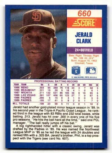 Jerald Clark baseball card from 1990 Score with original gloss, part of Simply Sandoval collection