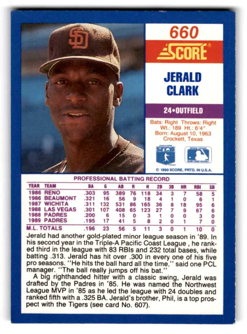 1990 Score #660 Jerald Clark NM-MT Padres ID:70046 - Baseball Card Single