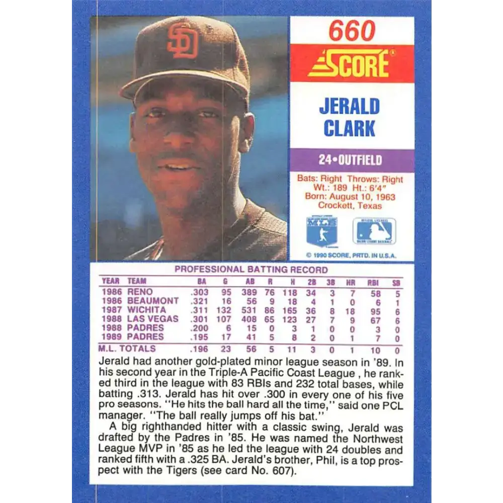 1990 Score #660 Jerald Clark NM-MT San Diego Padres Baseball Card - Baseball Card Single
