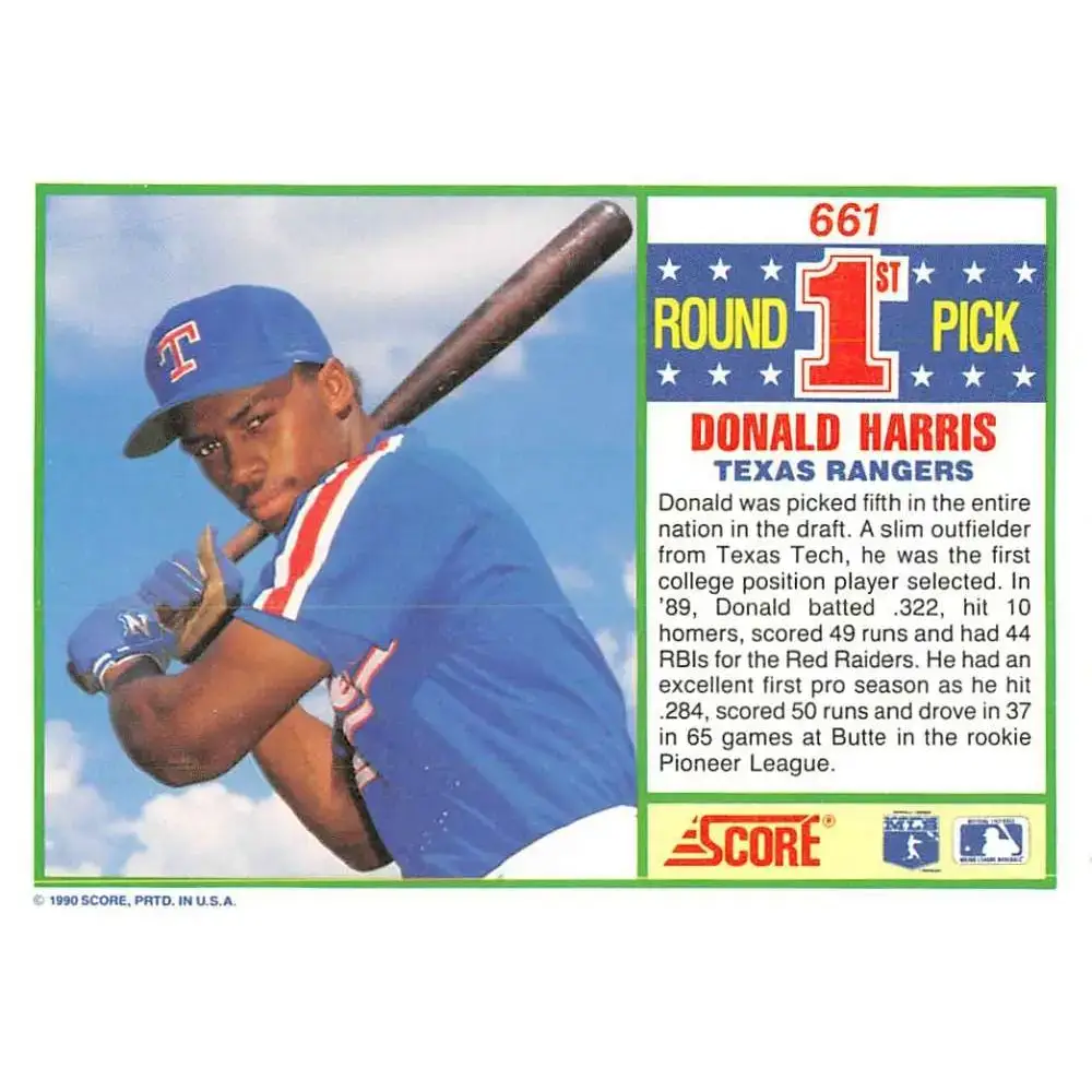 1990 Score #661 Donald Harris NM-MT RC Rookie Texas Rangers Baseball Card - Baseball Card Single