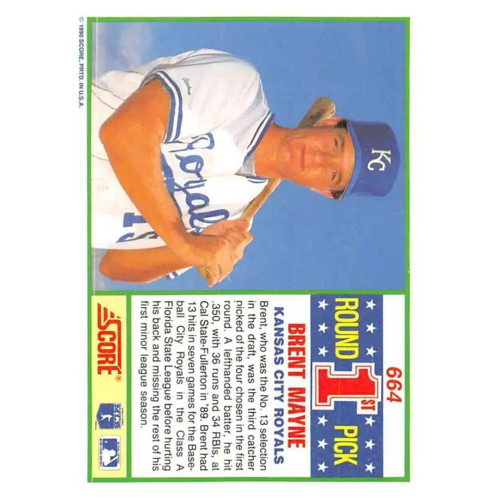 1990 Score #664 Brent Mayne NM-MT RC Rookie Kansas City Royals Baseball Card - Baseball Card Single