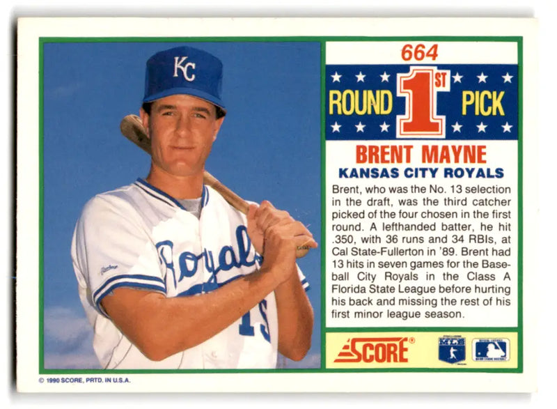 1990 Score #664 Brent Mayne NM-MT RC Rookie Royals ID:70083 - Baseball Card Single