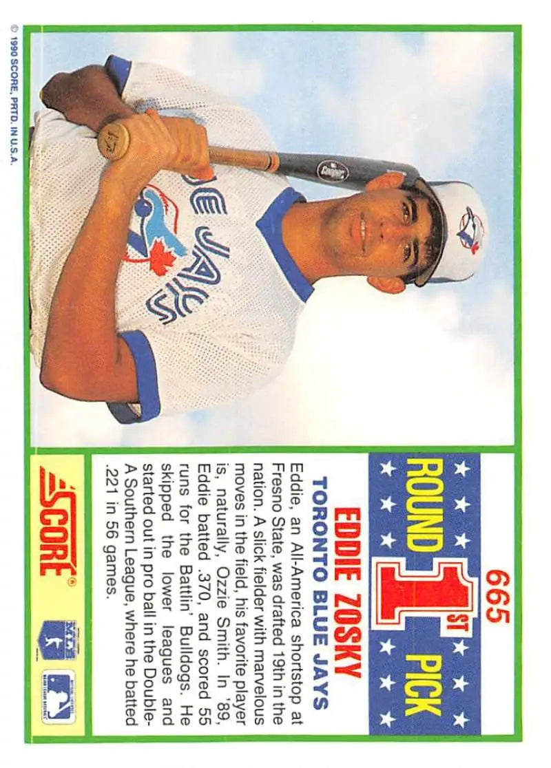 1990 Score #665 Eddie Zosky EX Excellent RC Rookie Toronto Blue Jays Baseball Card - Baseball Card Single