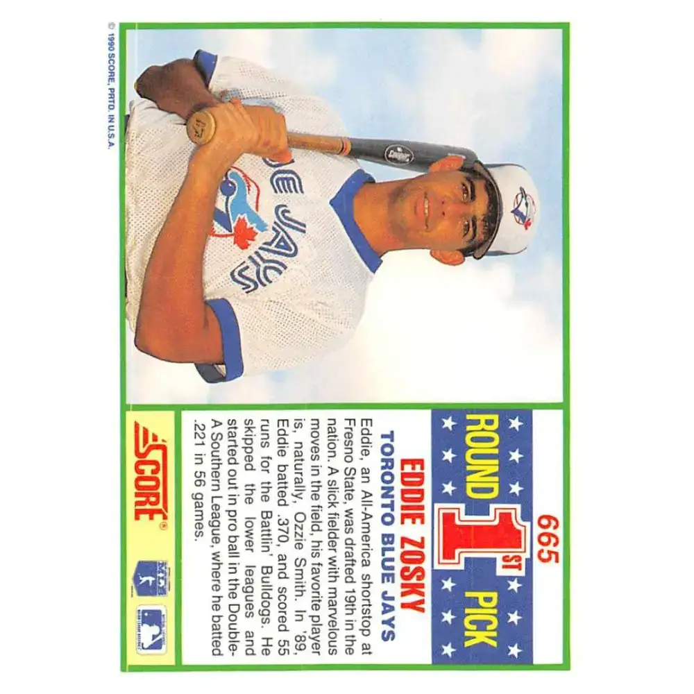1990 Score #665 Eddie Zosky NM-MT RC Rookie Toronto Blue Jays Baseball Card - Baseball Card Single