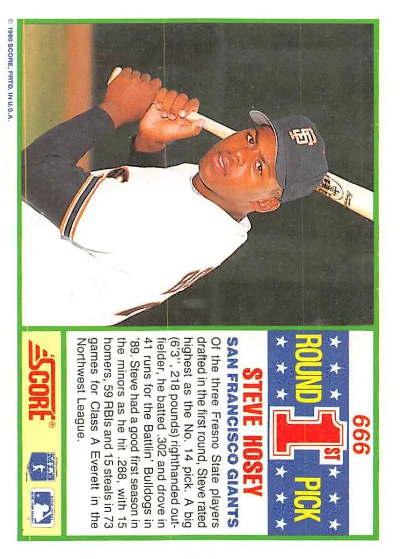 1990 Score #666 Steve Hosey EX Excellent RC Rookie San Francisco Giants Baseball Card - Baseball Card Single