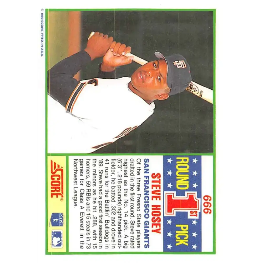 1990 Score #666 Steve Hosey NM-MT RC Rookie San Francisco Giants Baseball Card - Baseball Card Single