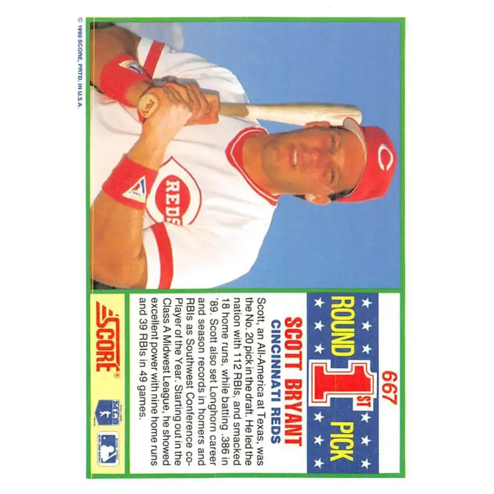 1990 Score #667 Scott Bryant NM-MT RC Rookie Cincinnati Reds Baseball Card - Baseball Card Single