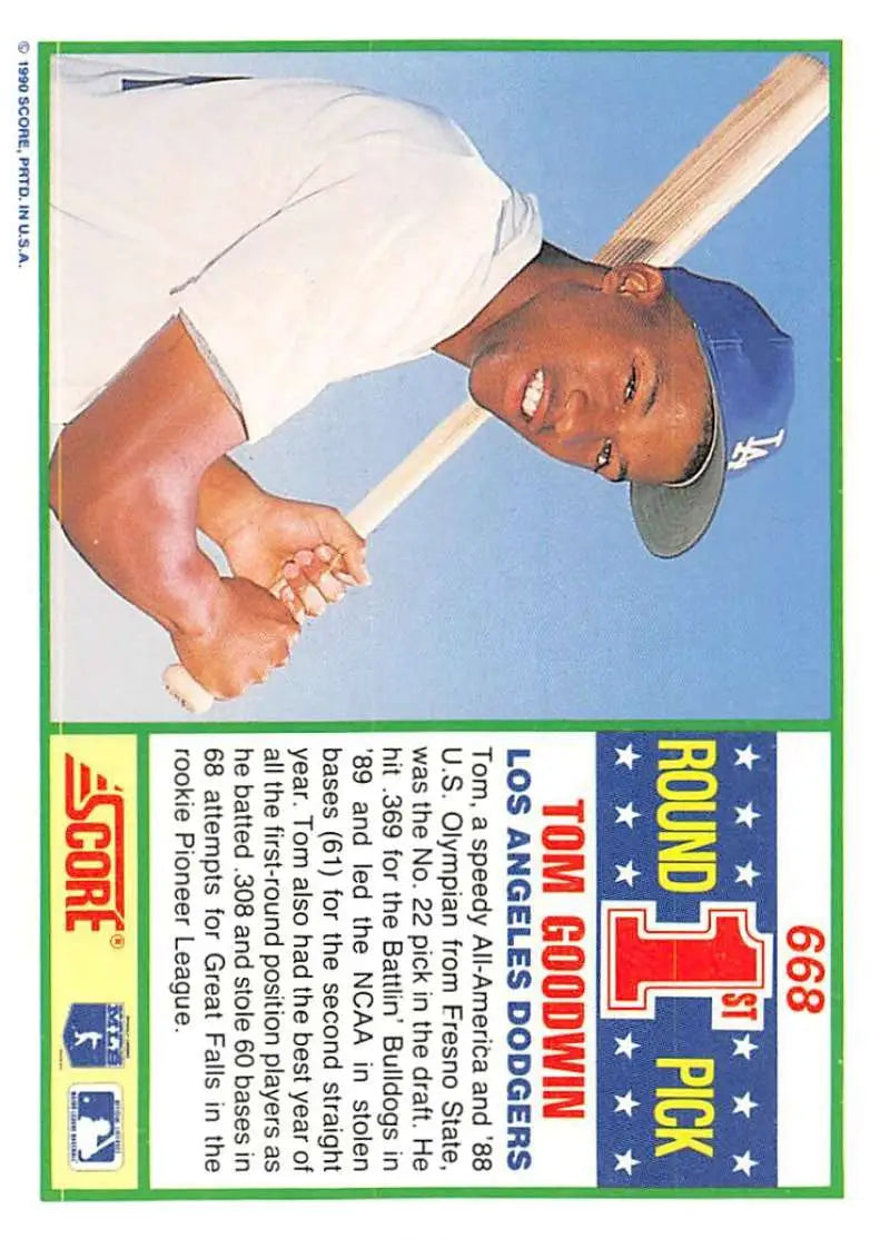 1990 Score #668 Tom Goodwin EX Excellent RC Rookie Los Angeles Dodgers Baseball Card
