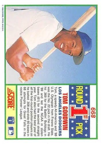 Tom Goodwin rookie Dodgers baseball card with original gloss from 1990 Score