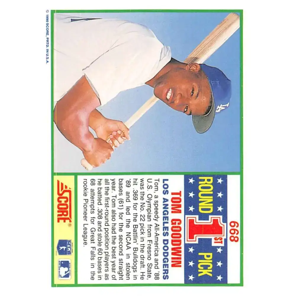 1990 Score #668 Tom Goodwin NM-MT RC Rookie Los Angeles Dodgers Baseball Card - Baseball Card Single