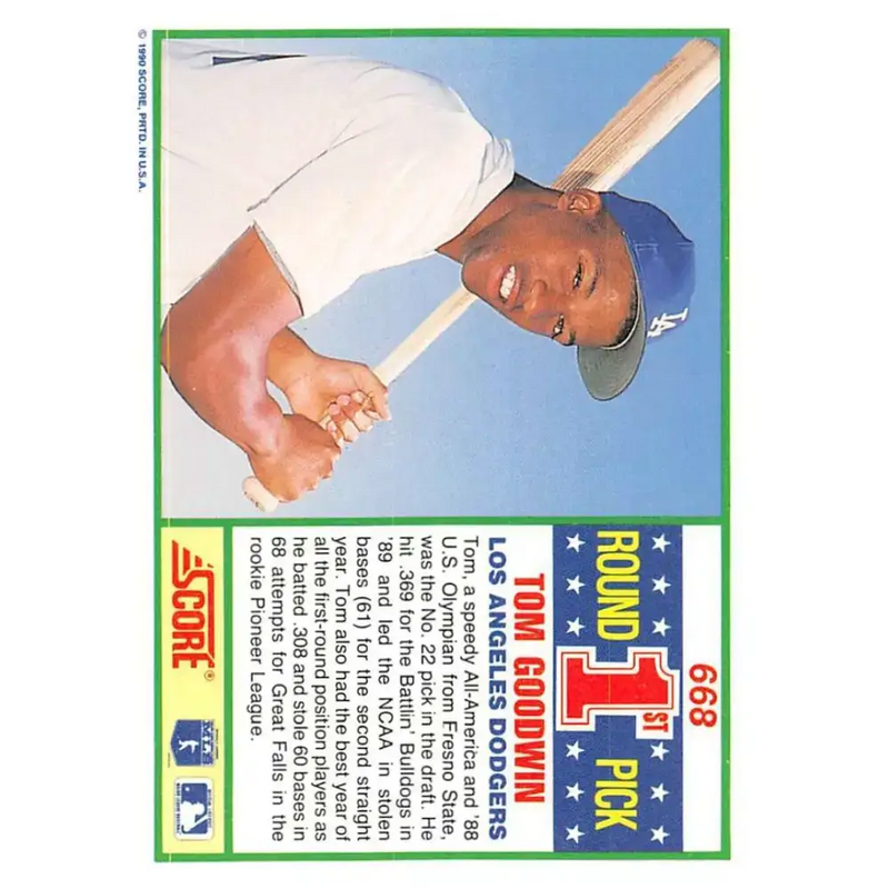 1990 Score #668 Tom Goodwin NM-MT RC Rookie Los Angeles Dodgers Baseball Card - Baseball Card Single