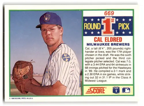Cal Eldred rookie Brewers baseball card with original gloss from 1990 Score #669