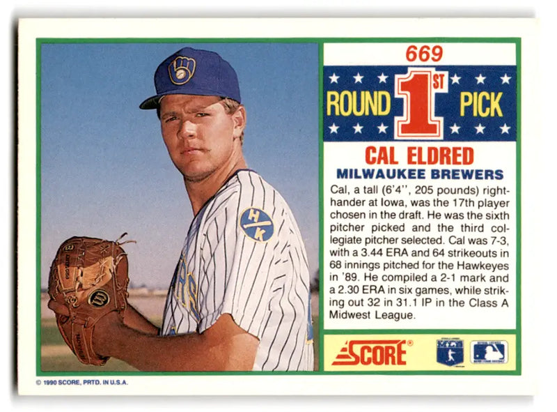 1990 Score #669 Cal Eldred NM-MT RC Rookie Brewers ID:70070 - Baseball Card Single
