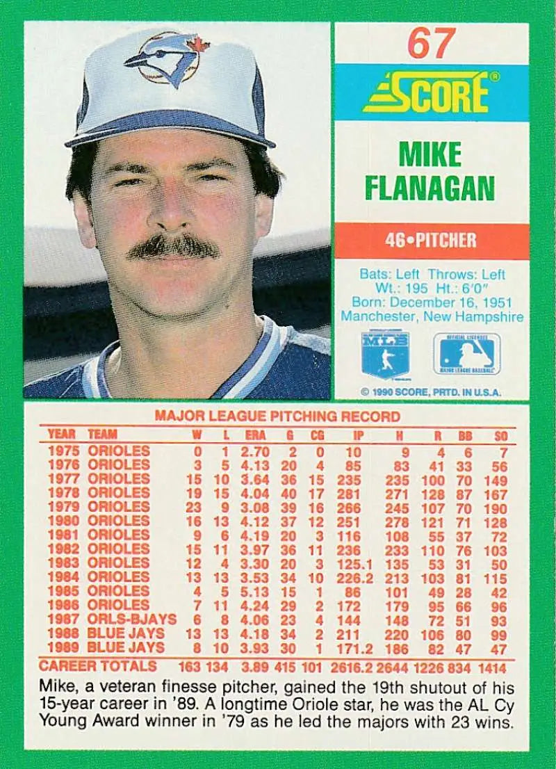 1990 Score #67 Mike Flanagan EX Excellent Toronto Blue Jays Baseball Card - Baseball Card Single