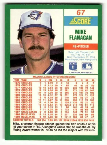 Original gloss of Mike Flanagan Toronto baseball card in 1990 Score #67 Flanagan Toronto Blue Jays