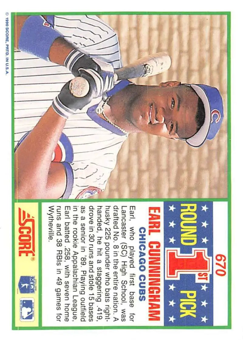 1990 Score #670 Earl Cunningham EX Excellent RC Rookie Chicago Cubs Baseball Card - Baseball Card Single
