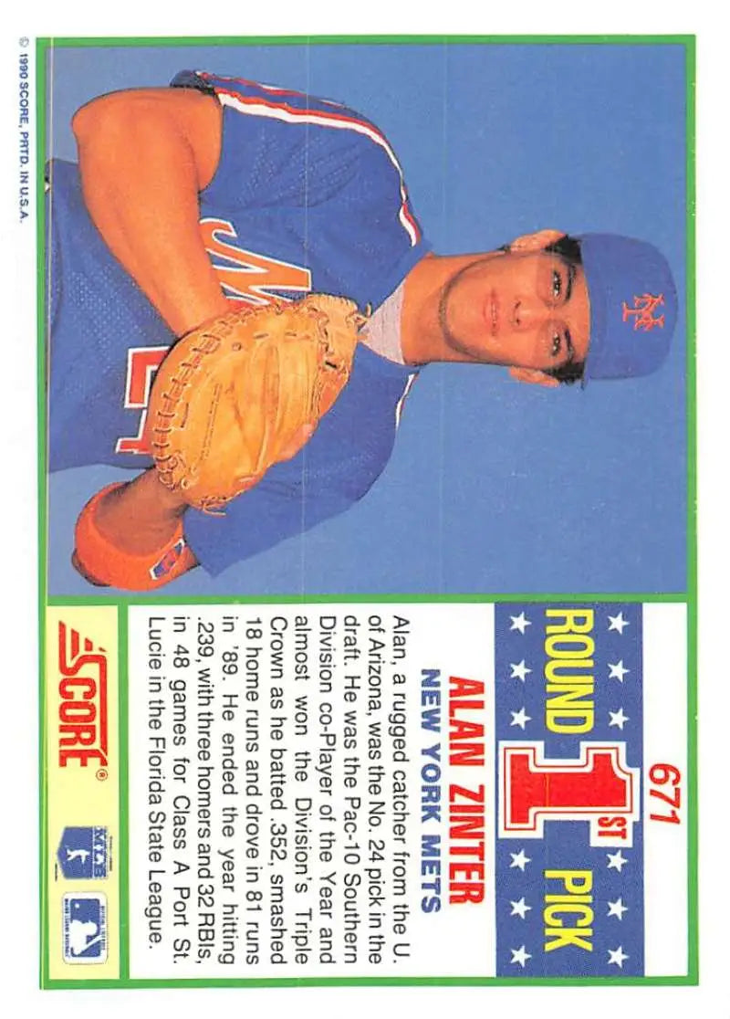 1990 Score #671 Alan Zinter EX Excellent RC Rookie New York Mets Baseball Card - Baseball Card Single