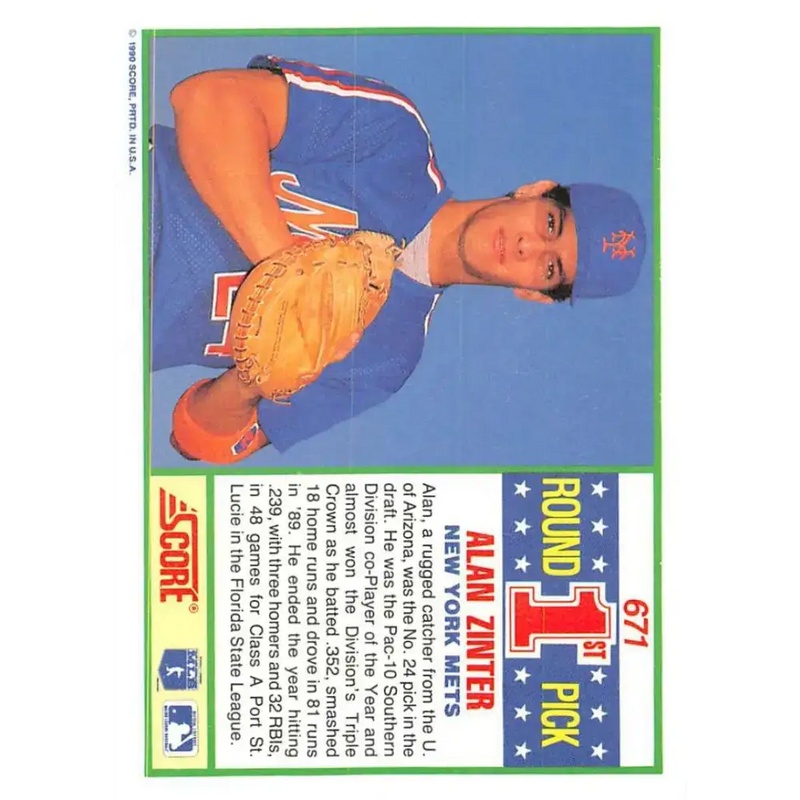 1990 Score #671 Alan Zinter NM-MT RC Rookie New York Mets Baseball Card - Baseball Card Single