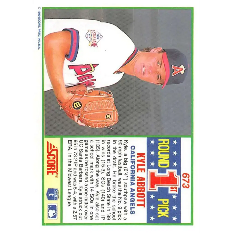 1990 Score #673 Kyle Abbott NM-MT RC Rookie California Angels Baseball Card - Baseball Card Single
