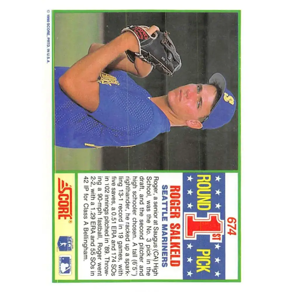 1990 Score #674 Roger Salkeld NM-MT RC Rookie Seattle Mariners Baseball Card - Baseball Card Single