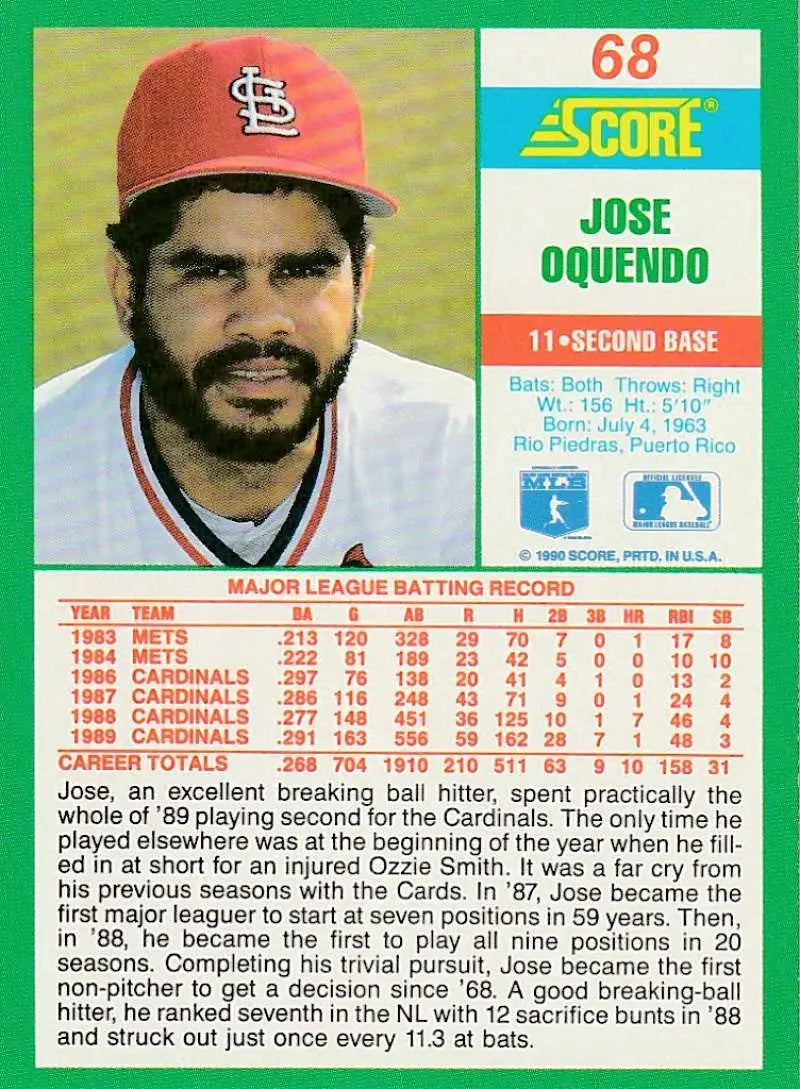 1990 Score #68 Jose Oquendo EX Excellent St. Louis Cardinals Baseball Card - Baseball Card Single