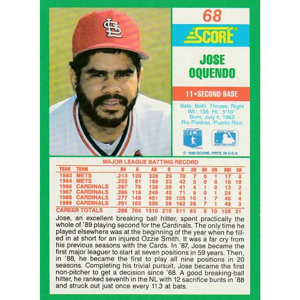 1990 Score #68 Jose Oquendo NM-MT St. Louis Cardinals Baseball Card - Baseball Card Single