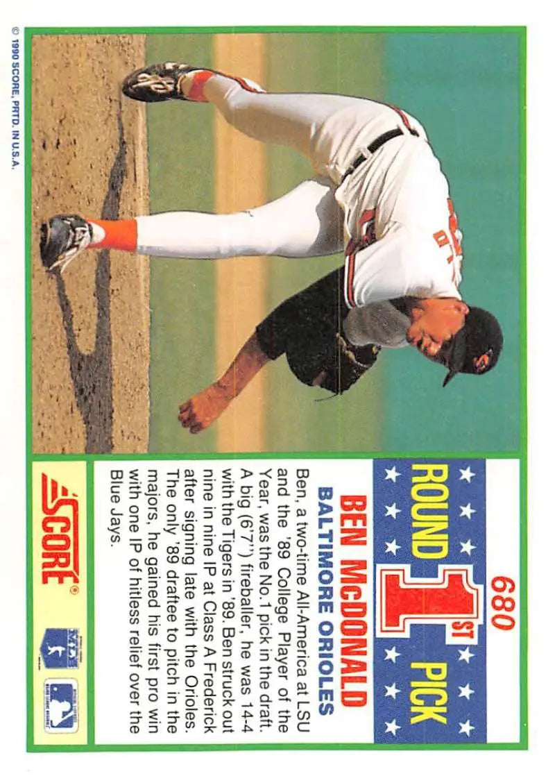 1990 Score #680 Ben McDonald EX Excellent RC Rookie Baltimore Orioles Baseball Card - Baseball Card Single