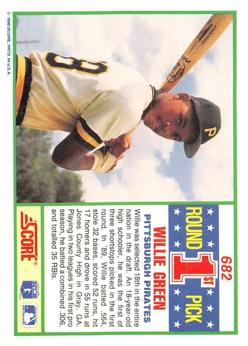 1990 Score #682 Willie Greene EX Excellent RC Rookie Pittsburgh Pirates Baseball Card - Baseball Card Single
