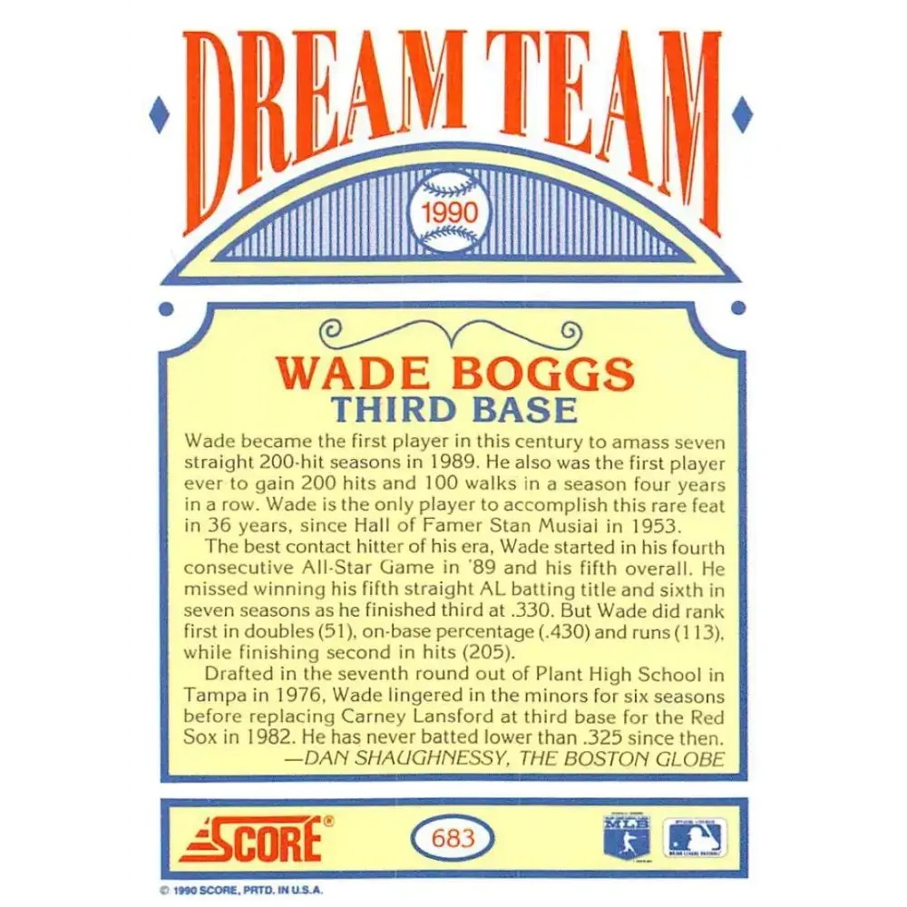 1990 Score #683b Wade Boggs COR DT NM-MT Boston Red Sox Baseball Card - Baseball Card Single