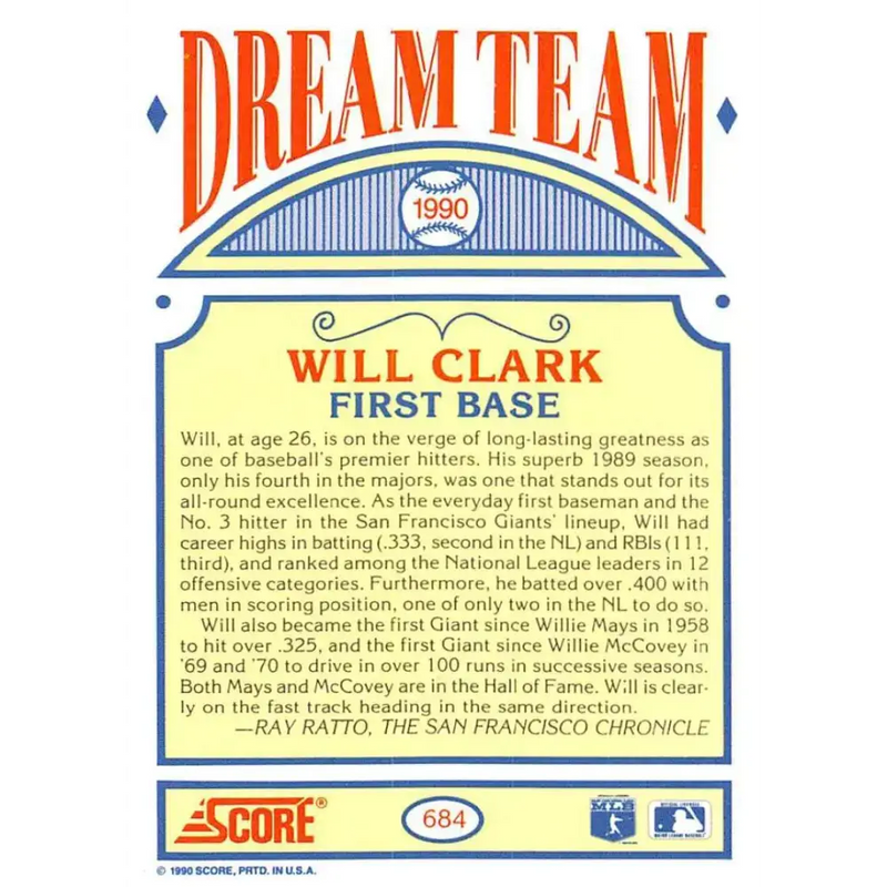 1990 Score #684 Will Clark DT NM-MT San Francisco Giants Baseball Card - Baseball Card Single
