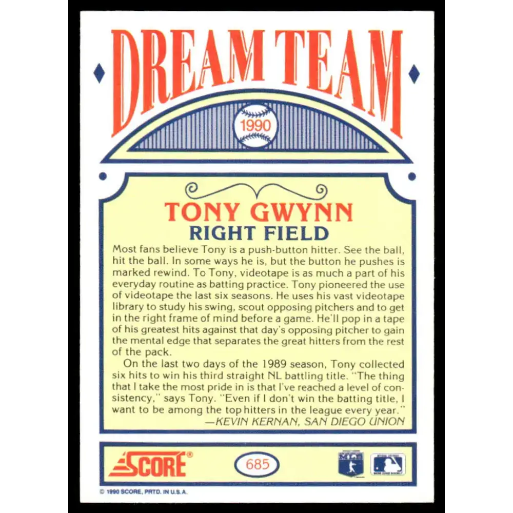 1990 Score #685 Tony Gwynn NM/MT San Diego Padres Baseball Card - Baseball Card Single